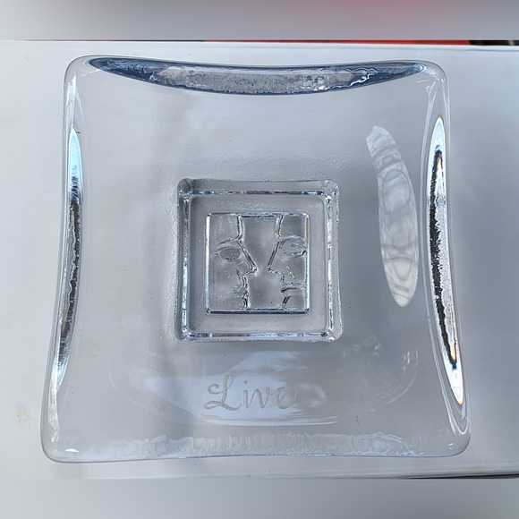 Kosta Boda "Live" Square Footed Thick Concave Glass Trinket Dish Two Faces - Picture 5 of 9